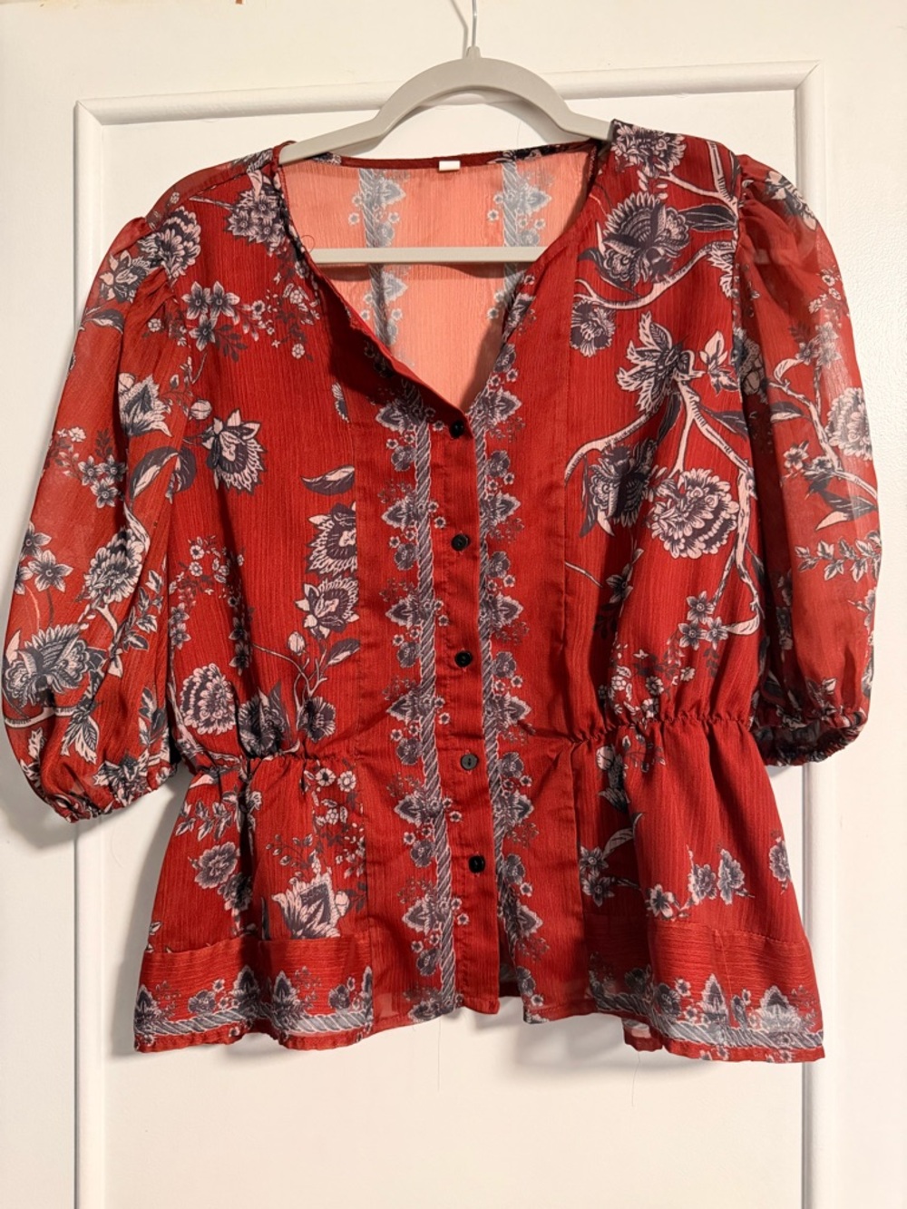 Red Floral Button-Front Peasant Blouse